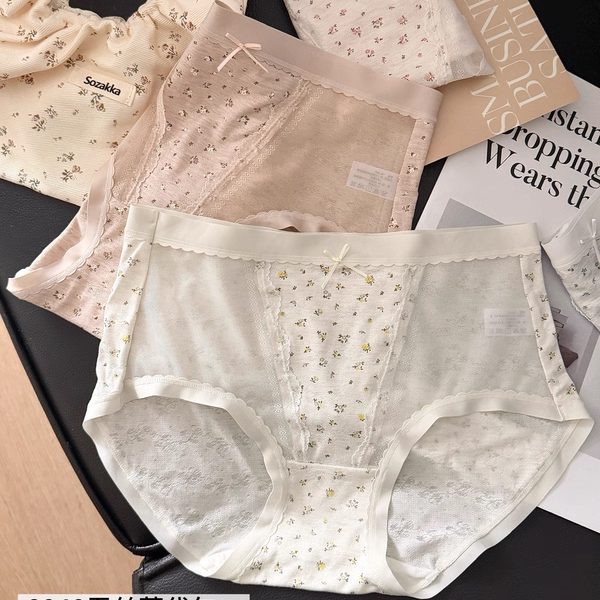 缇娅朵8040女士五条装蚕丝莫代尔棉内裤中腰碎花透视包臀三角短裤