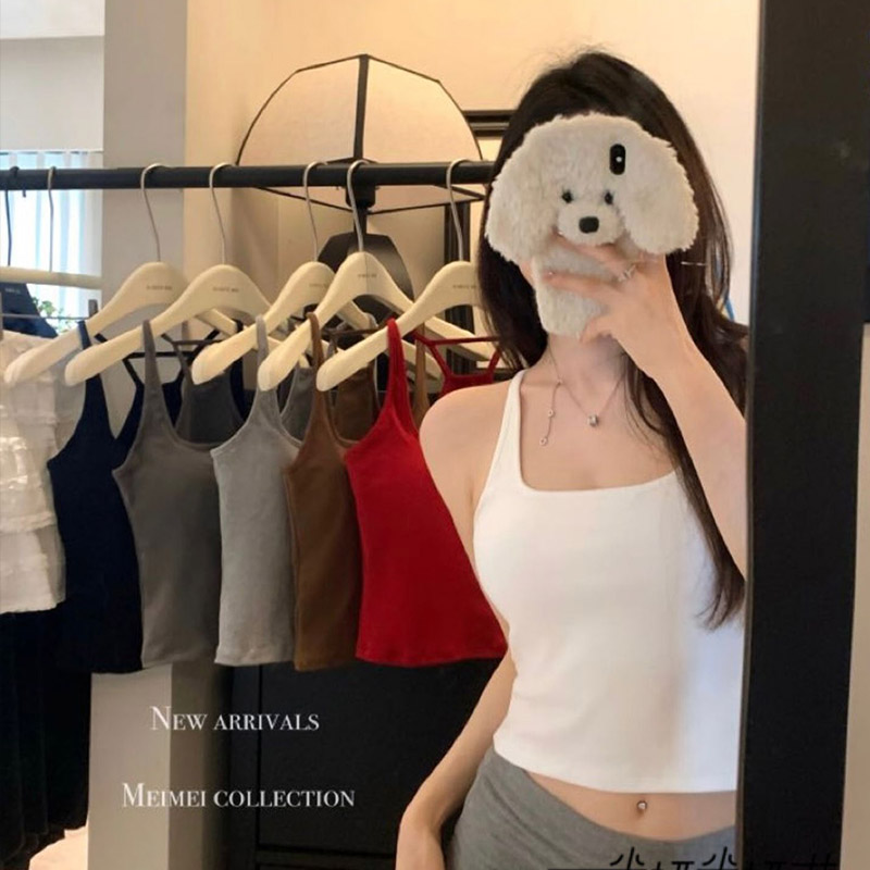 白色吊带背心女带胸垫美背上衣