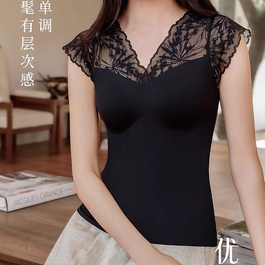 正品8923女秋冬细暖绒蕾丝肩袖保暖背心性感固定杯免内衣内搭上衣