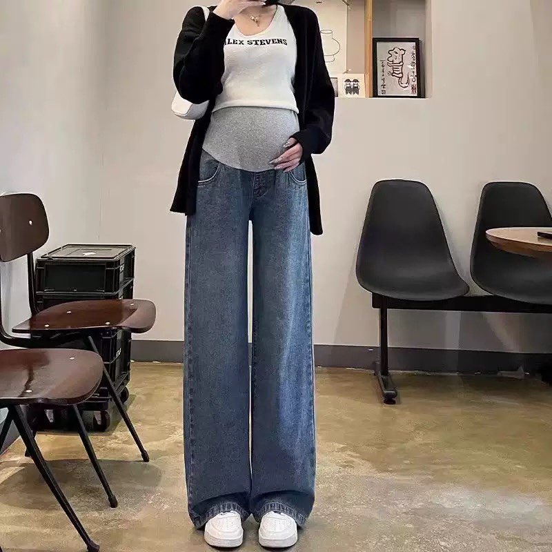 清仓孕妇牛仔阔腿裤春秋外穿小个子九分牛仔裤潮妈休闲宽松直筒裤