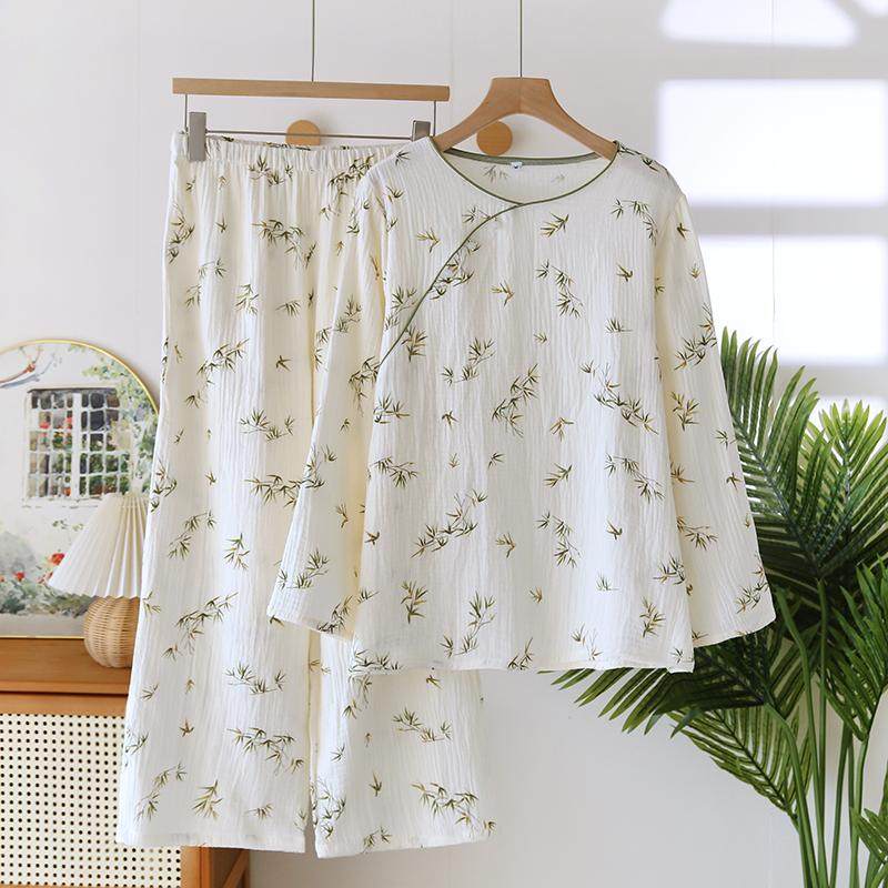 新款复古盘扣睡衣女春秋季纯棉双层纱布国风竹叶高档全棉家居服套,女士内衣/男士内衣/家居服,睡衣/家居服套装,淘宝优惠券,粉丝福利购,淘宝优惠卷