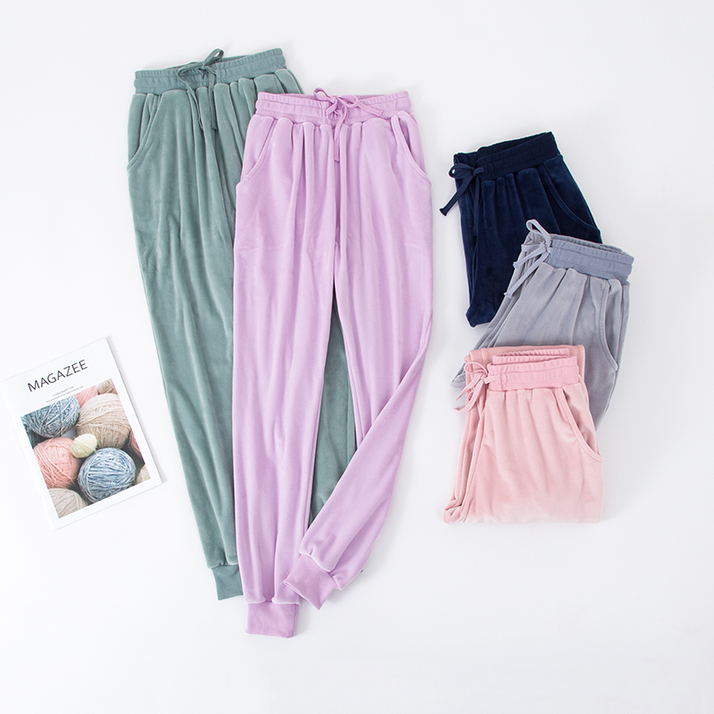 两条包邮秋冬法兰绒睡裤女薄收口小脚男休闲情侣海岛绒束脚家居裤