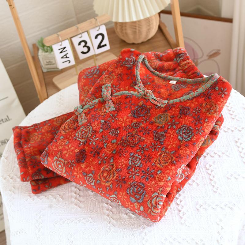 国风盘扣法兰绒家居服女加绒加厚