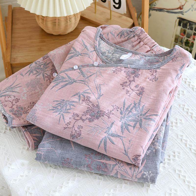 国风竹叶提花纯棉双层纱布女士睡衣春秋中式复古圆领古典风家居服,女士内衣/男士内衣/家居服,睡衣/家居服套装,淘宝优惠券,粉丝福利购,淘宝优惠卷