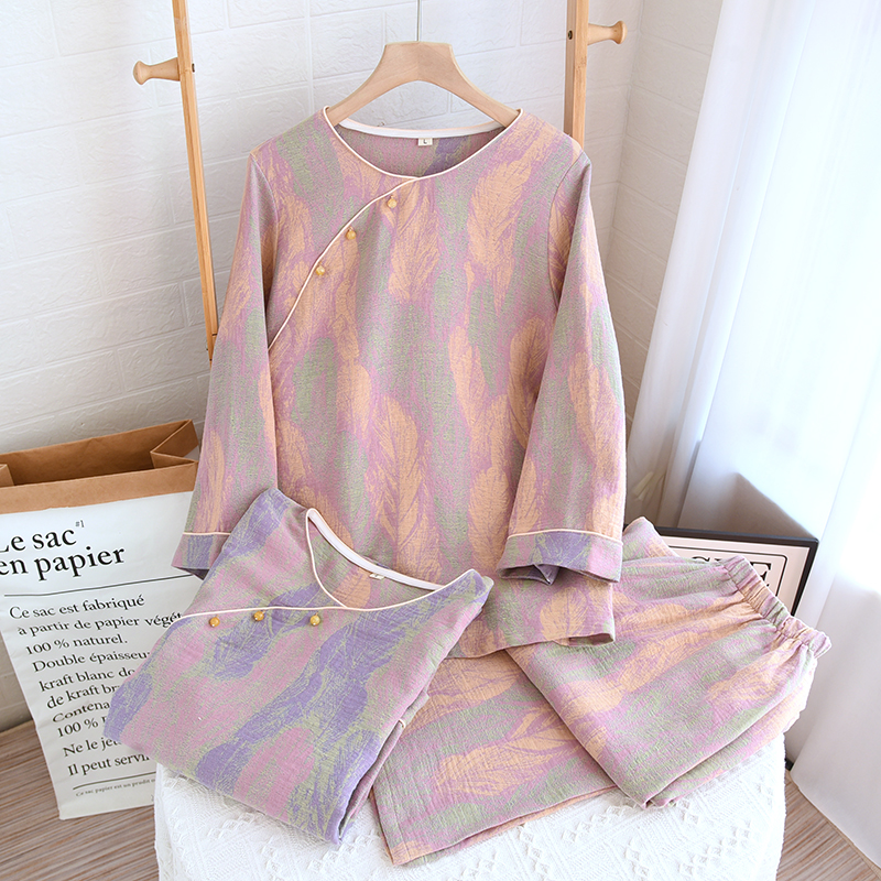 女士纯棉纱布薄款复古盘扣家居服
