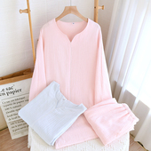 家居服套装 新款 长款 宽松全棉绉布长袖 纯棉双层纱布女睡衣春夏薄款