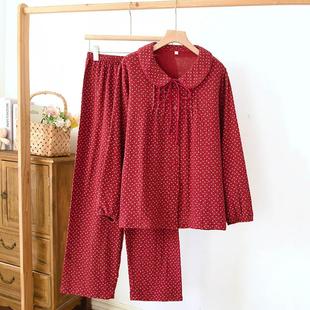 新款纯棉双层纱布睡衣女春秋甜美娃娃领红色碎花公主风长袖家居服