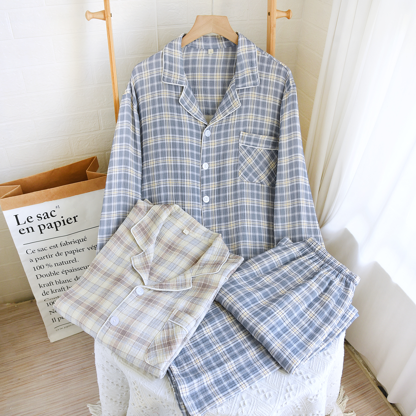 日系新款纯棉双层纱布睡衣套装男