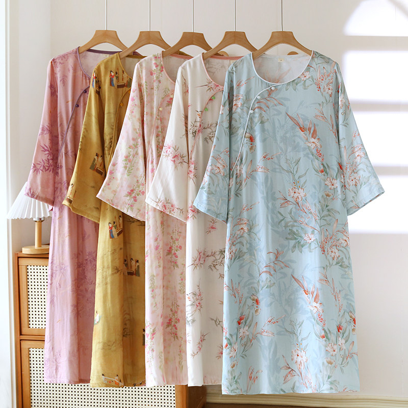 国风复古盘扣睡裙女春秋新款竹纤维双层纱长袖新中式家居服连衣裙,女士内衣/男士内衣/家居服,睡裙,淘宝优惠券,粉丝福利购,淘宝优惠卷