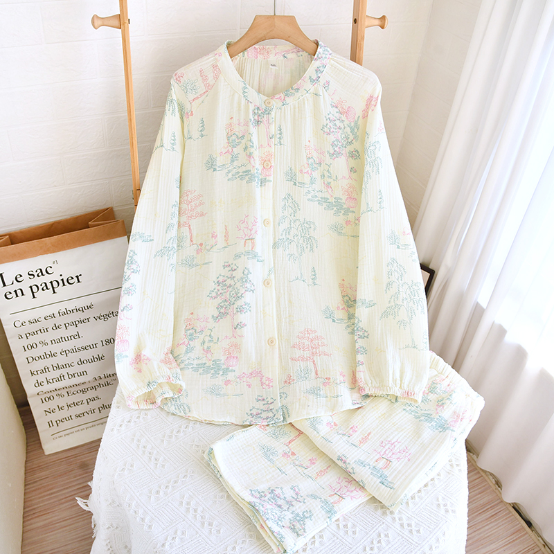 新款纯棉双层纱布睡衣女春秋日系田园长袖立领薄款全棉家居服套装