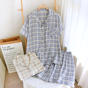 纯棉双层纱布睡衣男士 薄款 新款 夏季 简约家居服套 日系格子短袖 短裤
