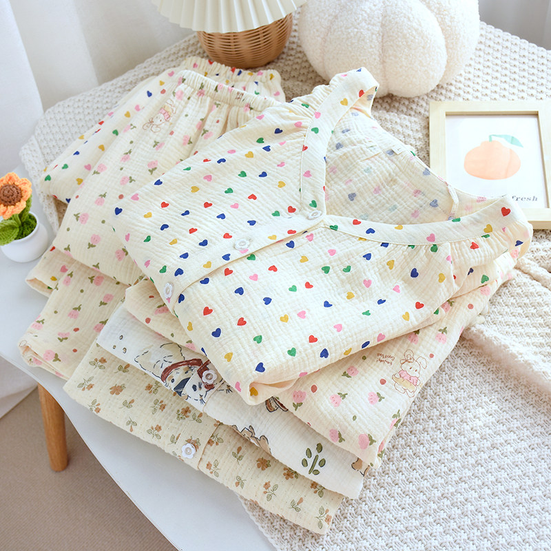 新款纯棉睡衣女春秋夏季薄款双层纱布长袖套装休闲外出宽松家居服,女士内衣/男士内衣/家居服,睡衣/家居服套装,淘宝优惠券,粉丝福利购,淘宝优惠卷