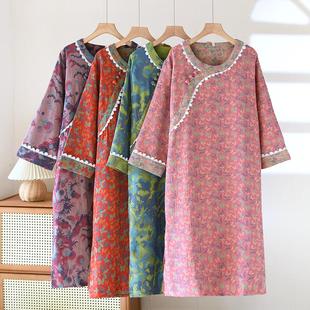 新款国风盘扣睡裙女春秋季纯棉纱布长袖连衣裙高档复古提花家居裙