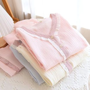 甜美花边清新家居服套装 日系V领睡衣女春秋纯棉双层绉布长袖 长裤