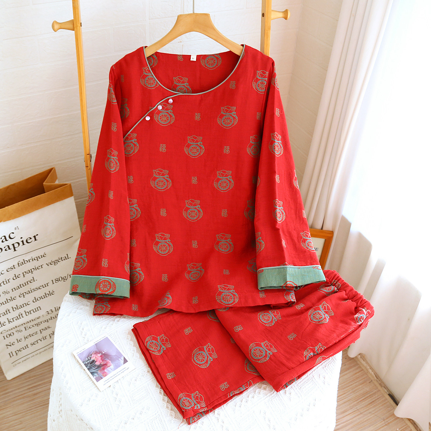 新中式国风福字睡衣女士春秋纯棉纱布提花盘扣红色本命年家居服套,女士内衣/男士内衣/家居服,睡衣/家居服套装,淘宝优惠券,粉丝福利购,淘宝优惠卷