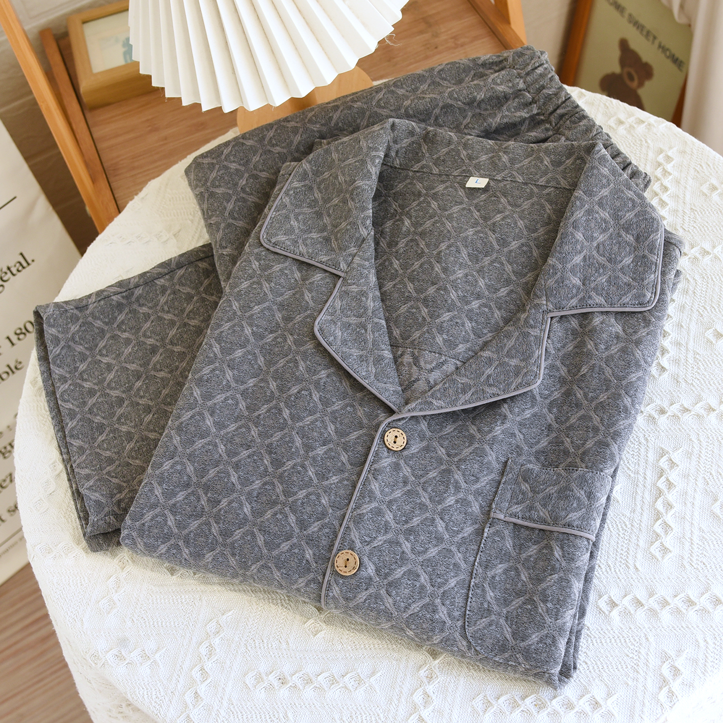 新款棉麻复古提花睡衣男士春秋薄款高档亚麻纱布长袖无印风家居服