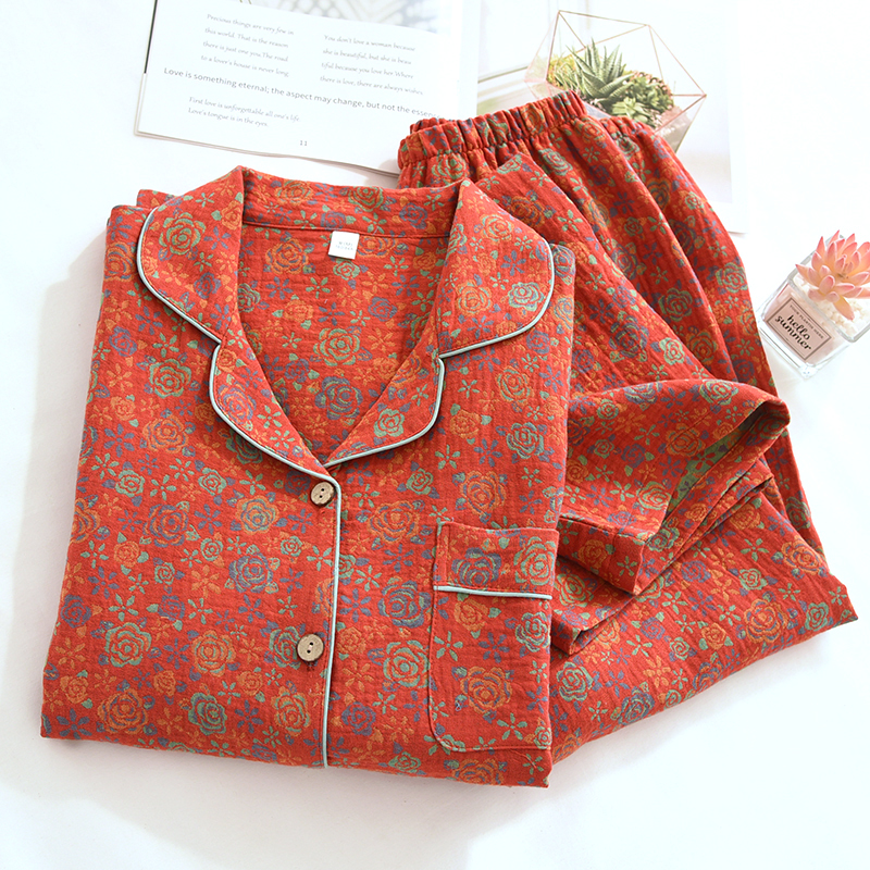 提花纯棉纱布家居服女士高档复古