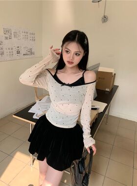 纯欲修身微透波点长袖T恤女一字肩性感内搭打底短上衣夏季