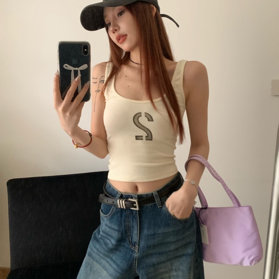 美式复古辣妹数字印花吊带背心女