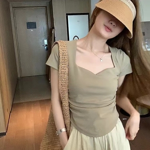 显瘦百搭正肩短款 方领短袖 纯欲风辣妹修身 T恤女夏季 上衣ins潮 新款