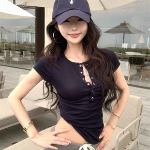 辣妹显瘦上衣 纯欲风修身 短袖 正肩T恤女夏季 半开领紧身收腰打底衫