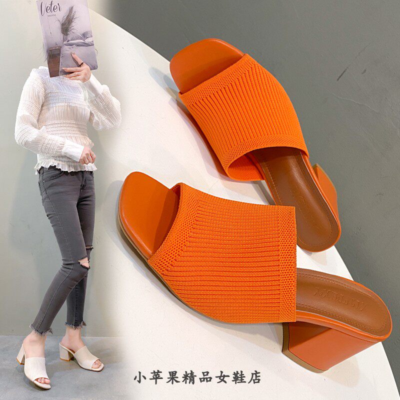 夏季竖条明星同款毛线针织拖鞋方头粗跟拖鞋女高跟凉拖6CM42大码
