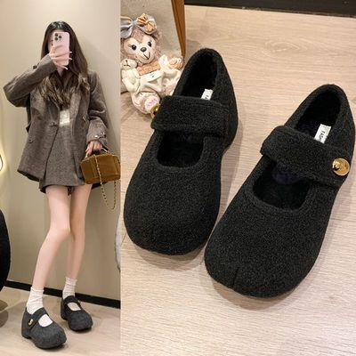 冬加绒棉鞋小蛮腰厚底玛丽珍鞋高跟小个子内增高勃肯鞋配裙子黑色