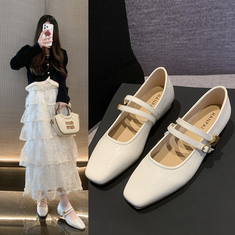单鞋女春秋季工作鞋方头粗跟一字扣玛丽珍鞋子女双排扣裂纹配短裙