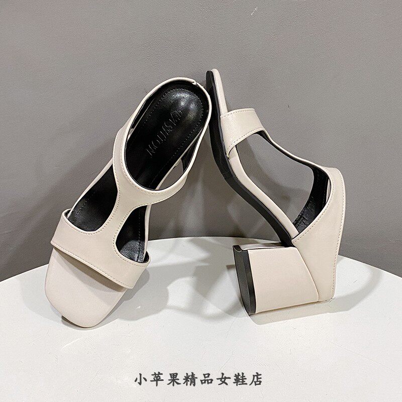 夏季新款明星同款皮面拖鞋方头休闲粗跟拖鞋女高跟凉拖6CM42大码