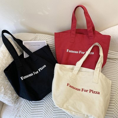 唐糖包袋/新款Famous For Pizza大容量托特包学生布袋单肩帆布包