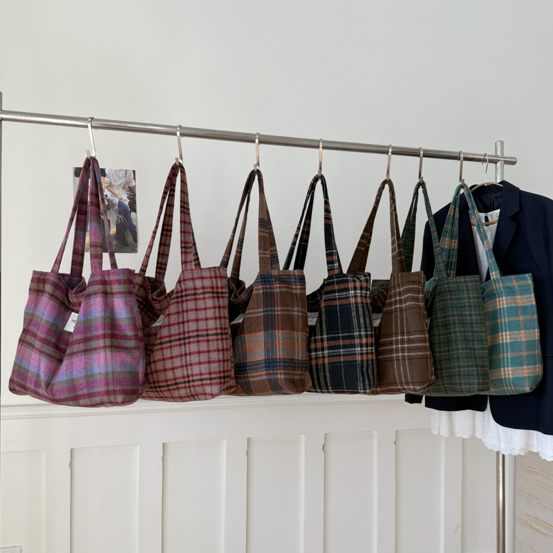 复古格子毛呢托特包大容量