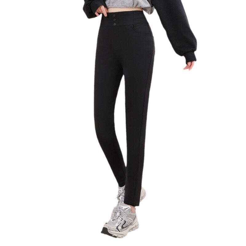 秋冬新品磨毛小黑裤大码加绒弹力紧身小脚裤三扣腰魔术裤女收腹