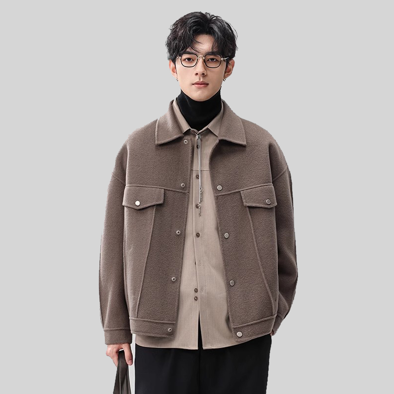 2025男士双面呢翻领夹克外套秋冬款时尚短款宽松休闲羊毛呢子大衣