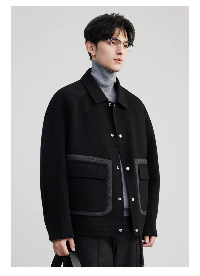 2025新款双面呢大衣男短款韩版高级衬衫领宽松秋季羊毛呢子外套