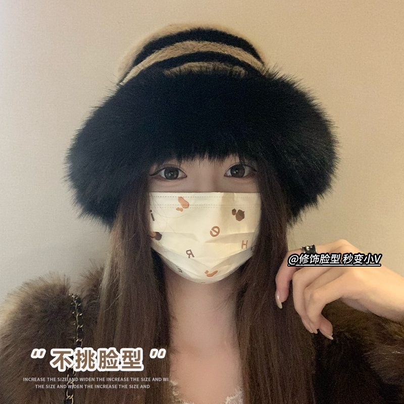 条纹毛绒渔夫帽女秋冬加厚保暖百搭大头围休闲时尚显脸小防寒护耳