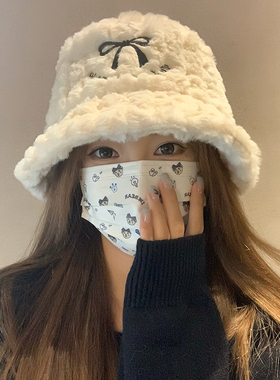 渔夫帽子女冬季2024新款毛绒加厚保暖水桶帽白色蝴蝶结显脸小盆帽