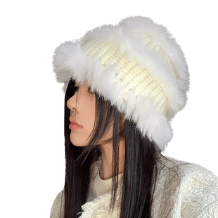 真兔毛帽子女款秋冬季大头围粗针织毛线帽保暖毛绒显脸小潮渔夫帽