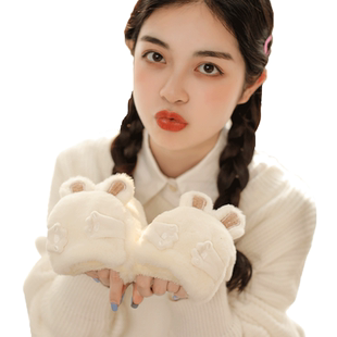 手套女士冬季可爱保暖防寒韩版半指翻盖加厚加绒毛绒防冷防冻手套