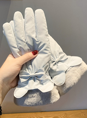 蓝色兔子耳朵手套女士冬季触屏加绒加厚冬天骑行保暖神器防寒防冻