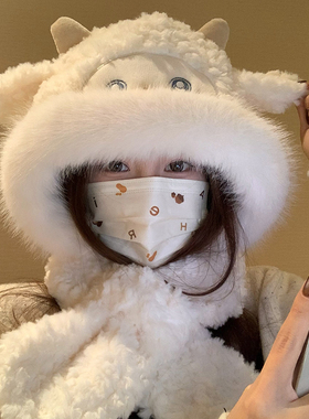 白色帽子女秋冬季2025新款东北防寒装备帽子围脖一体冷帽保暖防寒