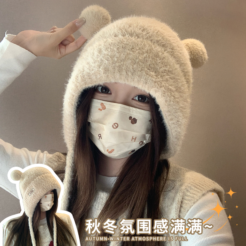 包头帽女士秋冬季时尚百搭显脸小保暖防寒加厚加绒护耳针织毛线帽