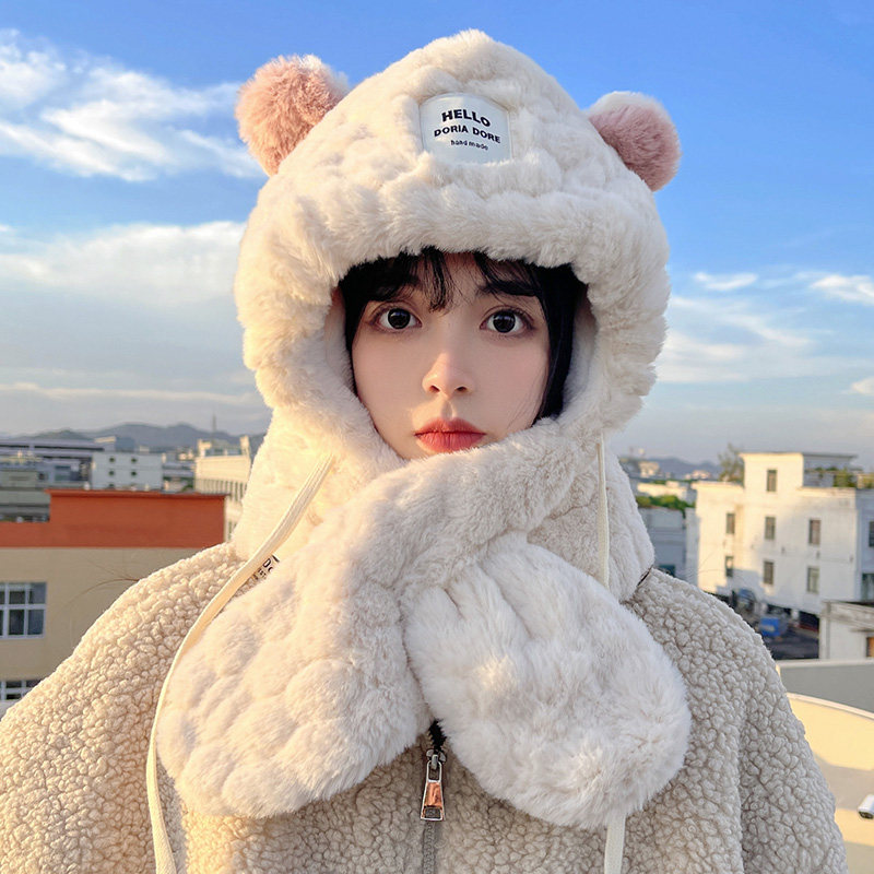 秋冬季韩版保暖小熊帽子围巾一体女生可爱加绒围脖防寒护耳毛绒帽