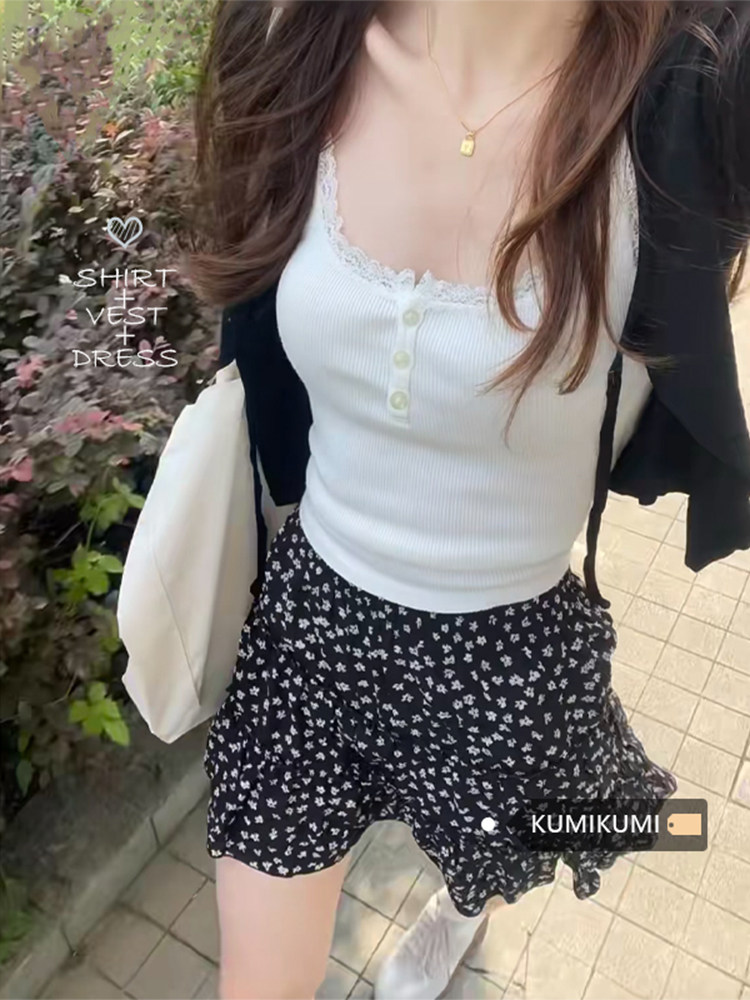 초가을 복장 정장 레이스 캐미솔 여성 가디건 자켓 꽃 무늬 스커트 짧은 스커트 캐주얼 3 종 세트