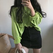 宽松休闲百搭基础圆领套头T恤女 上衣女韩版 初秋款 简约果绿色长袖