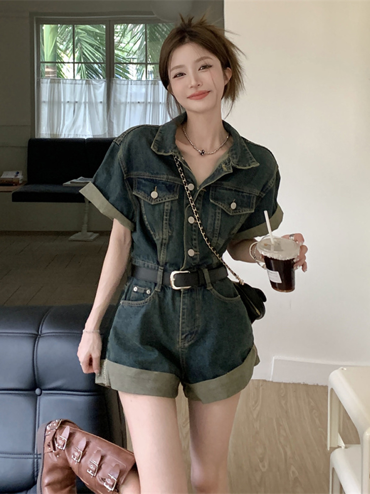 Sweet cool denim jumpsuit Hong Kong style roll-up shorts women's summer retro waist shows skinny wide-leg pantard suit