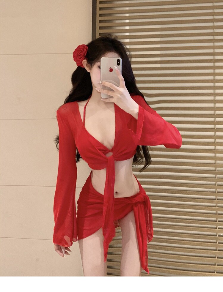 红色比基尼泳衣女性感纯欲风系带露背镂空海边度假泡温泉超仙长袖
