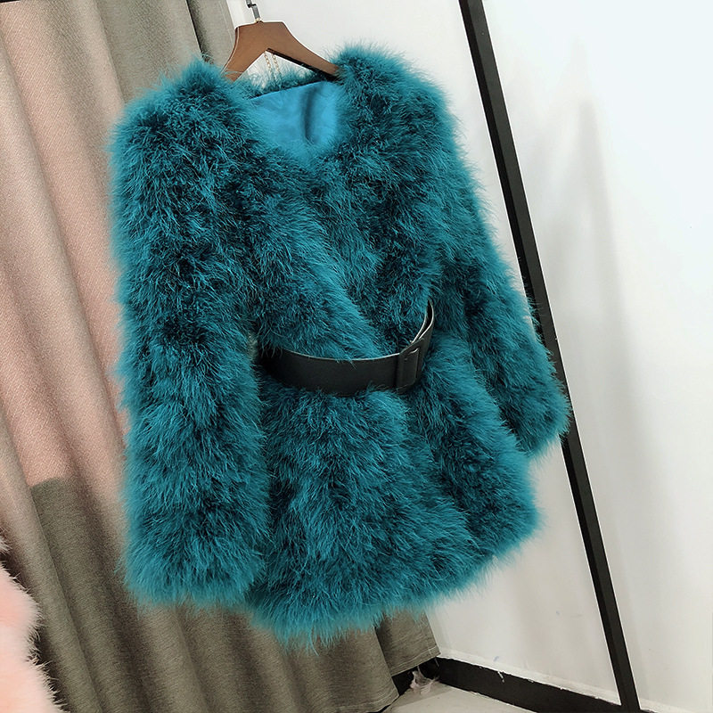 冬季保暖鸵鸟毛皮草外套中长款真毛内里夹薄棉长袖毛毛大衣女圆领