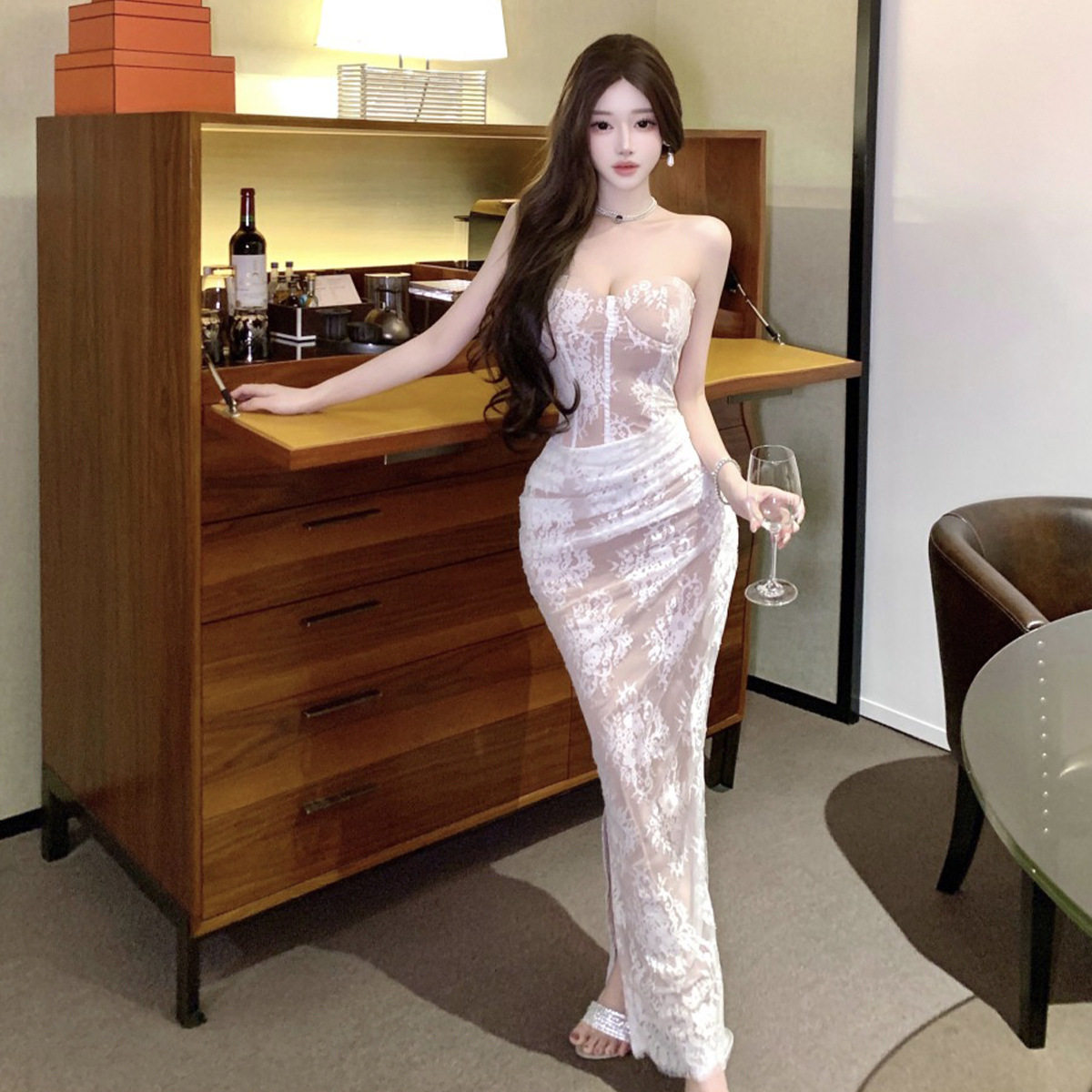 夜店性感蕾丝吊带长裙小众性感抹胸连衣裙罩衫外套高个子拖地轻礼
