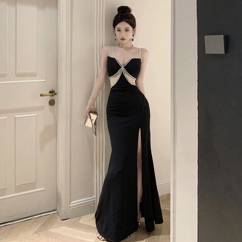 欧美东南亚外贸2025女装法式性感开叉透视拼接显瘦镶钻礼服连衣裙