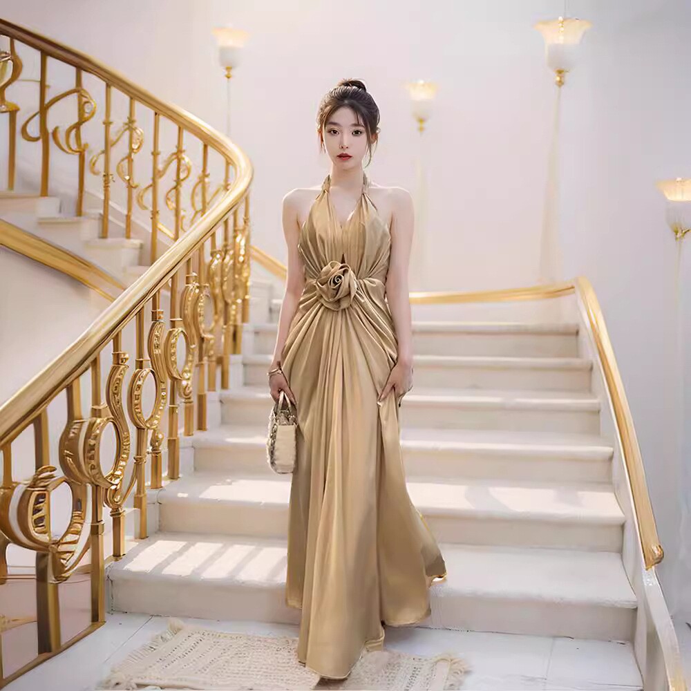 夜店性感v领挂脖玫瑰花连衣裙夏金色露背礼服海边度假长裙女